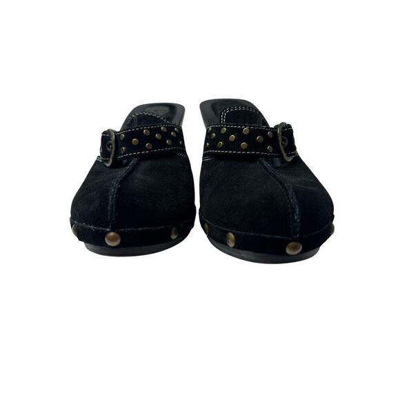 Size 5.5 Black Suede Studded Slip On Heel Clogs Mules 70s Closed Toe Office Work - Picture 4 of 10